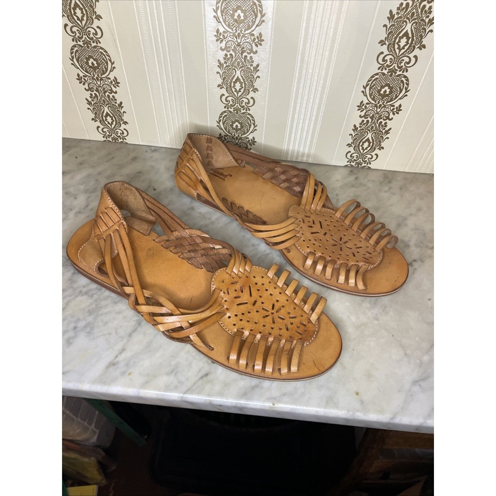 Vintage Leather Huarache Sandals Flats Shoes Light Brown Tan 11 Casual Beach